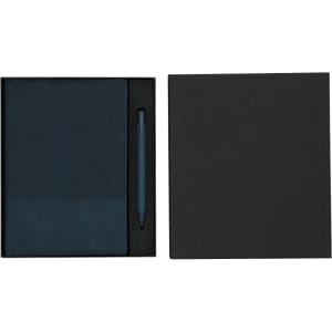 A navy blue notebook with a textured cover and a matching pen, presented in a sleek black box.