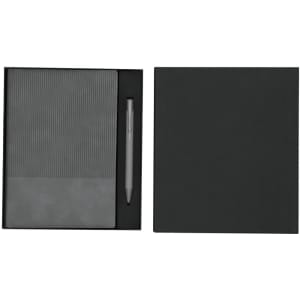 A grey notebook with a ribbed cover and a matching pen, presented in a black box.