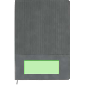 A grey notebook with vertical ribbed texture and a smooth green section on the bottom, featuring a logo.