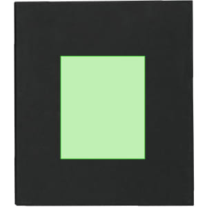 A black notebook with a green square design on the cover, featuring a logo in the bottom corner.