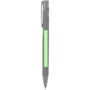 A grey pen with a green accent and a clip, featuring a logo on its body.
