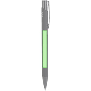 A grey pen with a bright green section and a clip for easy attachment. It includes a silver accent near the tip.