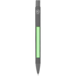 A grey pen with a green accent and a logo at the top.