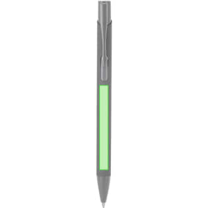 A grey pen with a green highlight and a clip. The pen has a sleek design and a branding logo.
