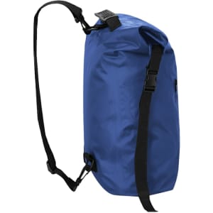 A blue Zorium Backpack with adjustable straps and a roll-top design, featuring a side zip pocket.