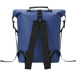 A blue waterproof backpack with adjustable black straps and a top handle, featuring a logo on the front.