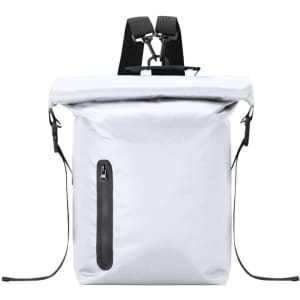 A white backpack with roll-top closure, featuring adjustable straps and a zipped front pocket. Branding is present.