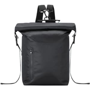 A black roll-top backpack with adjustable straps, featuring a zip pocket on the side and a branded logo.