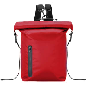 A red backpack featuring adjustable straps, a top roll closure, and a side zippered pocket.