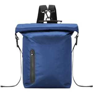 A blue backpack with a roll-top closure and a front zipper pocket, featuring adjustable straps and a logo.