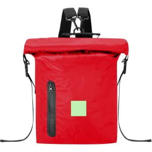 A bright red Zorium backpack featuring a roll-top design and a side zip pocket, equipped with adjustable shoulder straps.