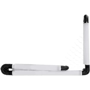A compact, foldable goal post in white and black with netting attached. It features a logo on the side.