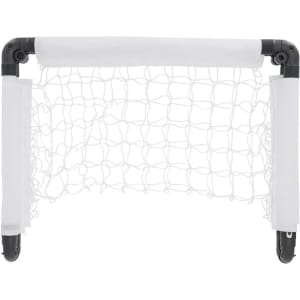 A small black and white goal post with a net, designed for sports activities, featuring a simple and sturdy frame.
