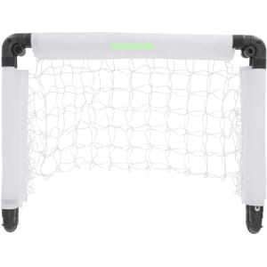 A small goal post with a white net and black pipes, designed for outdoor sports activities.