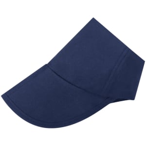 A navy cap with a curved brim, featuring a logo or branding on the fabric.