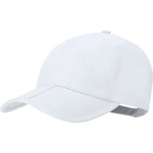 A white cap with a curved peak and an adjustable strap at the back, featuring a logo on the side.