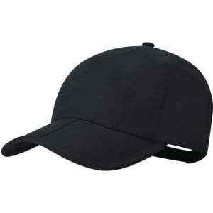 A black cap with a curved visor and an adjustable strap at the back, featuring a subtle logo.