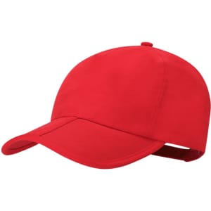 A red cap with a curved brim and an adjustable strap at the back. It features a logo on the front.