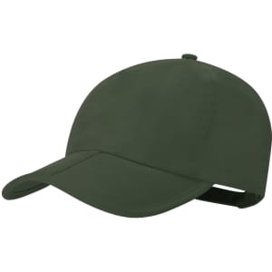 A dark green cap with a curved brim and a rear adjustable strap. It features a logo on the front.