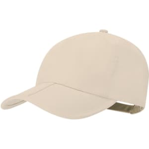 A beige cap with a curved brim and an adjustable strap at the back, featuring a logo on the front.