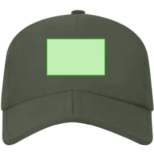 A khaki cap featuring a blank rectangular area and a logo.
