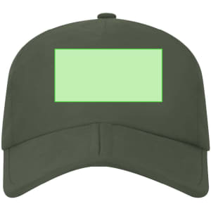 A green cap featuring a blank rectangular section and a logo on the front. Made for promotional purposes.