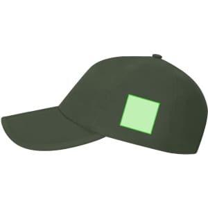 A green cap with a curved brim and a square patch on the side, featuring a branding logo.