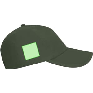 A green cap with a flat brim and a square area for custom branding. It has a structured design and a logo.