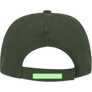 A green cap with an adjustable back strap and a branding logo on the side.