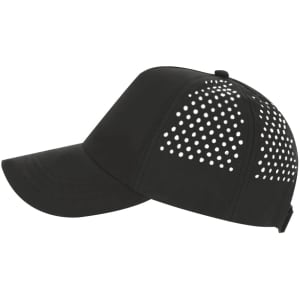 A black cap with mesh perforations on the back, featuring a logo on the side.