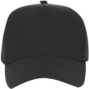 A black cap featuring a curved brim and a button on top, with a logo on the front.