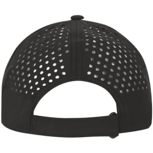 A black cap featuring perforated panels for ventilation and an adjustable strap at the back.