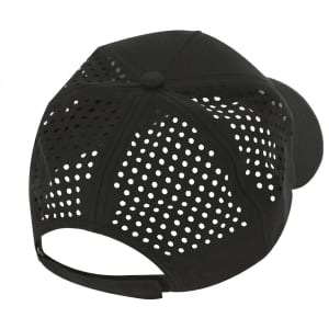 A black cap with a perforated design and adjustable strap at the back. It features a logo.