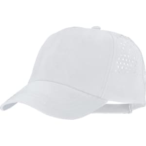 A white cap with a perforated design and an adjustable strap at the back, featuring a logo.