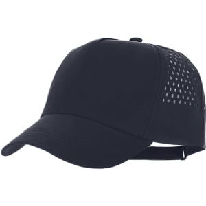 A black cap featuring a perforated design on the sides and an adjustable strap at the back.