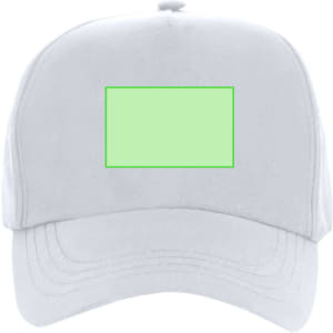 A white cap featuring a blank rectangular area and a logo on the front.
