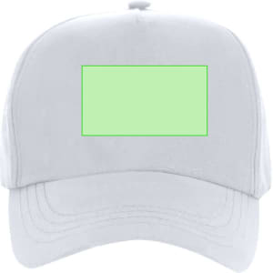 A white cap with an empty rectangular area, featuring a logo or branding on the front.