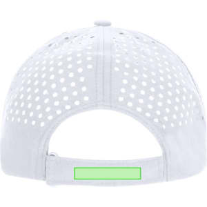 A white cap with a perforated design and an adjustable strap at the back. It features a logo.