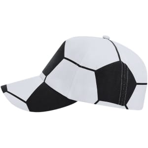 A white and black cap patterned like a soccer ball, featuring a logo on the side.