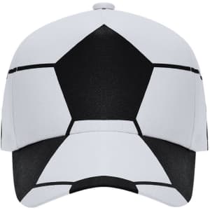A white and black cap featuring a pattern resembling a soccer ball, with a logo on the front.