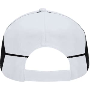 A white cap with a black mesh back, featuring a branding logo at the rear.