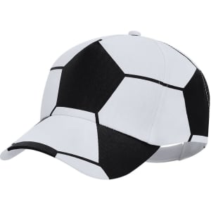 A cap designed to resemble a soccer ball, featuring a black and white hexagonal pattern. Includes a logo on the side.