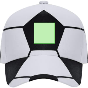 A white and black cap designed to resemble a soccer ball, featuring a square area in the centre.