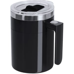 A black mixing mug with a clear lid and a handle, featuring a logo on its side.
