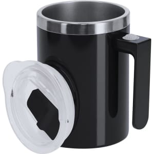 A black mixing mug with a stainless steel rim and a transparent lid, featuring a handle and a logo.