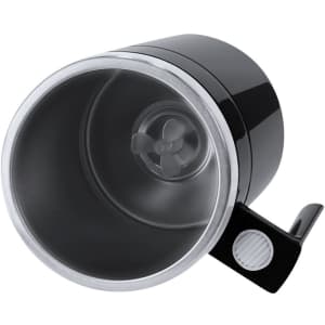 A black mixing mug with a rounded design and a small propeller inside. It features a handle and a logo.