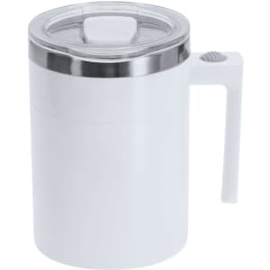 A white Waker Mixing Mug with a stainless steel lid and handle, featuring a clear window and a logo.