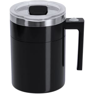 A drink mug in black with a clear lid and handle, featuring a logo on the side.