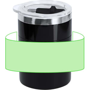 A black mixing mug with a clear lid, featuring an inner section for blending ingredients. It has a logo.