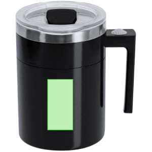 A black mixing mug with a clear lid and a handle, featuring a branding area.